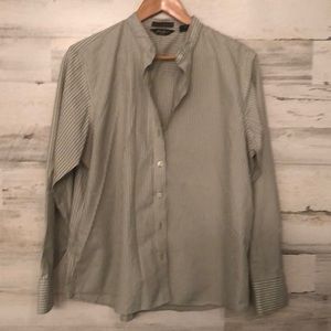 Eddie Bauer collarless cotton button-down shirt.
